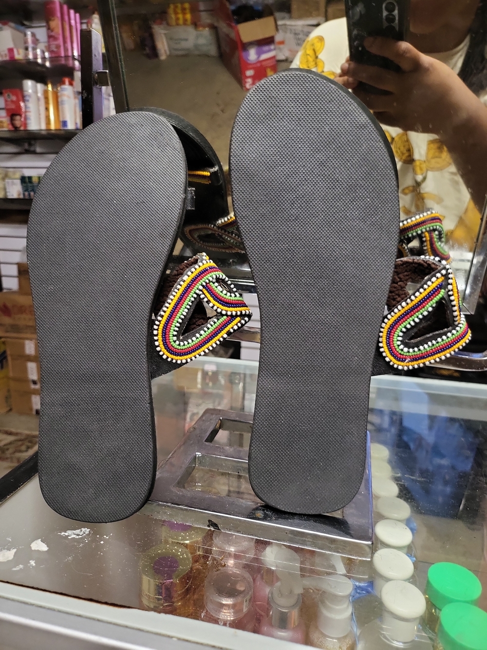 African Maasai Beaded Black Leather Sandals with Multicolor Beadwork Size 11 - Picture 5 of 7